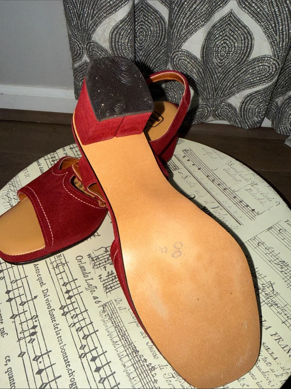 Vintage Burgundy T-Strap Suede Block Heel Sandals